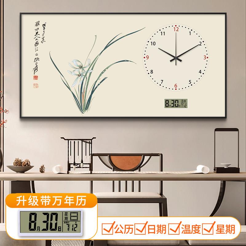 兰花图万年历客厅钟表挂钟2025新款家用电子时钟挂墙静音表装饰