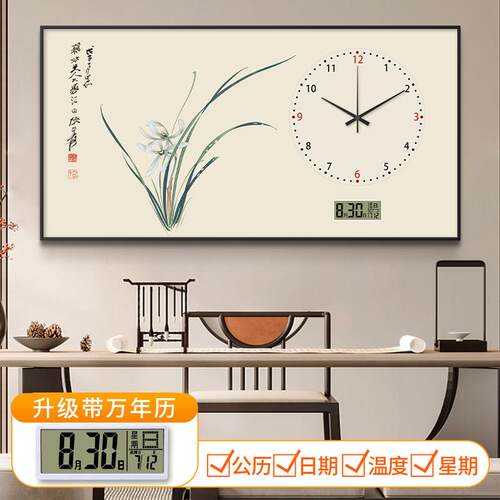 兰花图万年历客厅钟表挂钟2025新款家用电子时钟挂墙静音表装饰