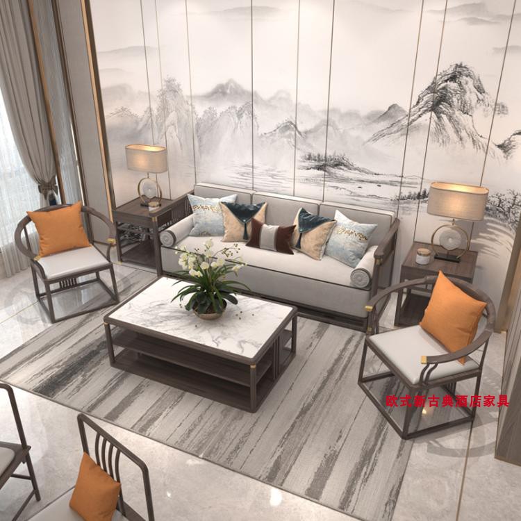 新中式沙发茶几客厅n小户型禅意办公室酒店会客沙发会所客房沙发