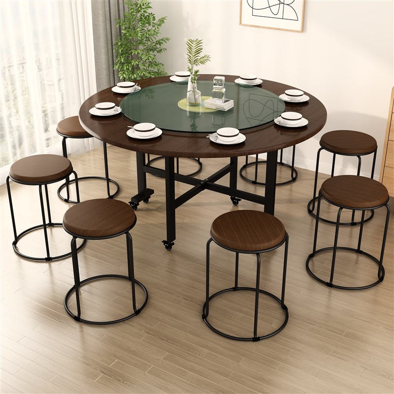 折叠桌子家用小户型圆形折叠餐桌方变圆新中式圆桌带转Z盘桌椅组