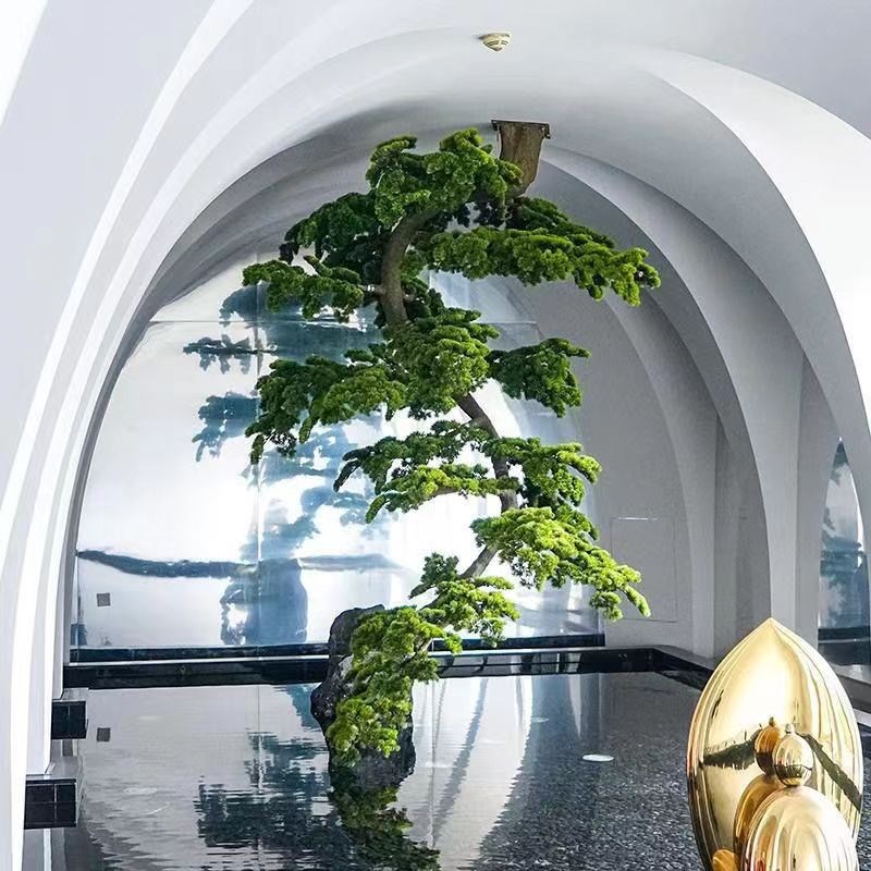 悬挂仿真迎客松壁挂倒挂松树室内橱窗茶室玄关酒店造景罗汉松