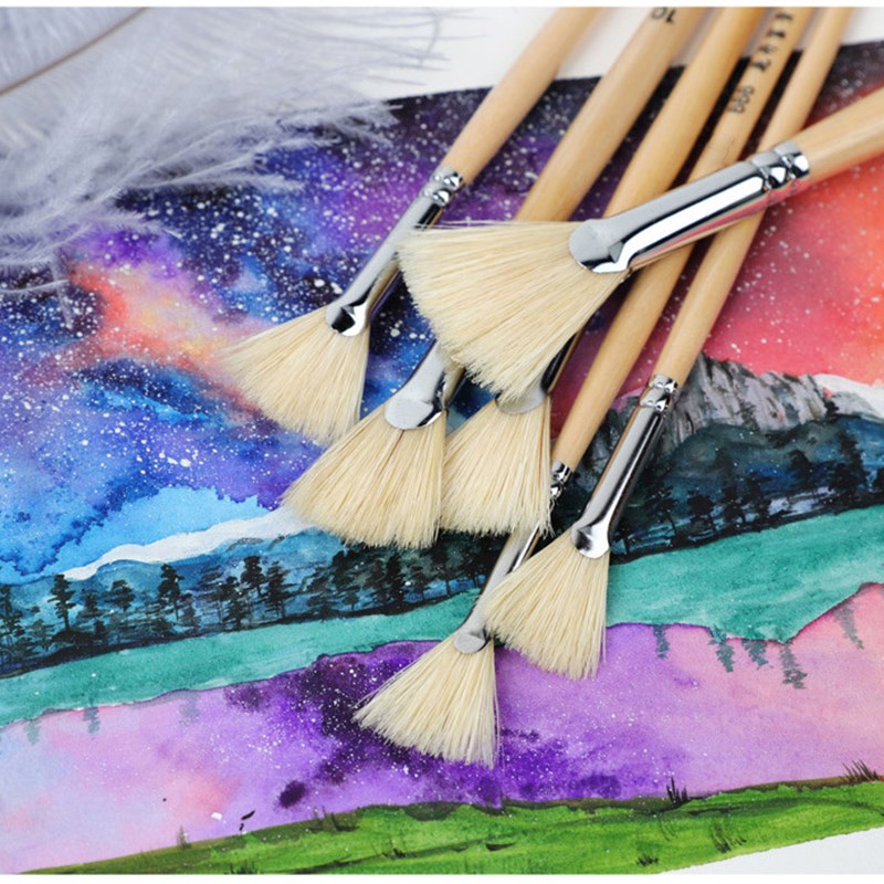 玖仵 6支装貂毛扇形绿杆油画笔 艺术家猪鬃油漆画笔 绘画用品