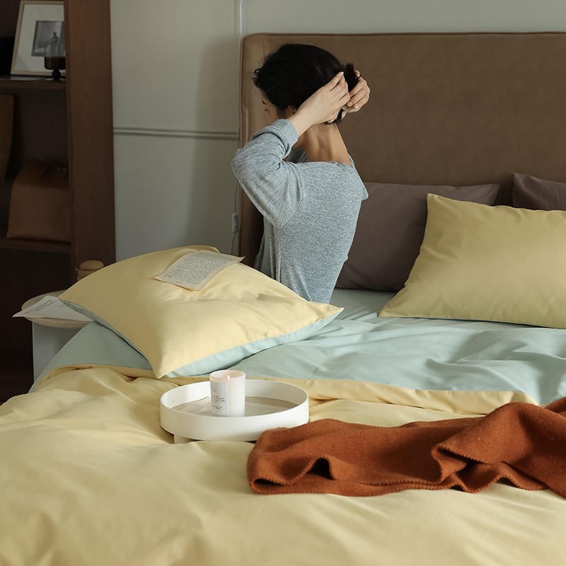 屿川优选丨轻奢100支长绒棉磨毛四件套纯色双拼被套学生套件4