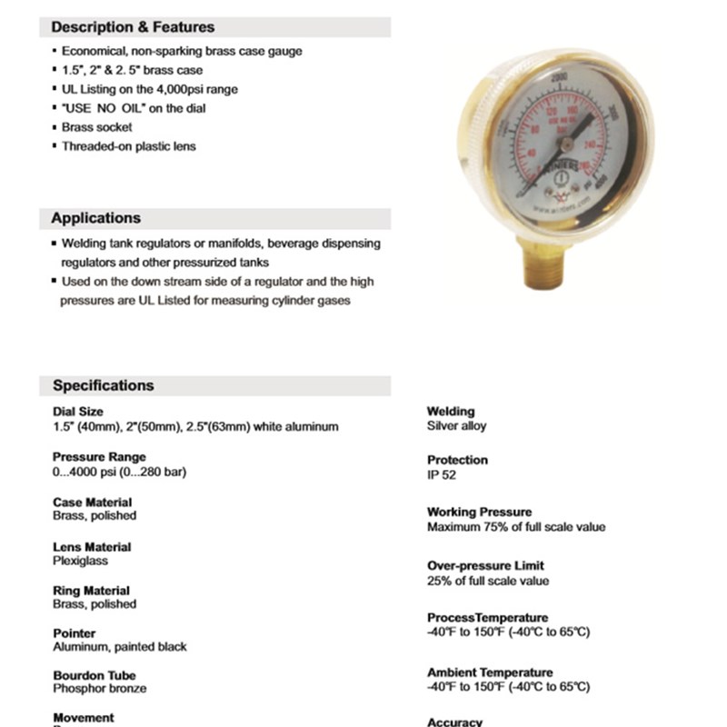 倍润加拿大WINTERS可焊接工业压力表