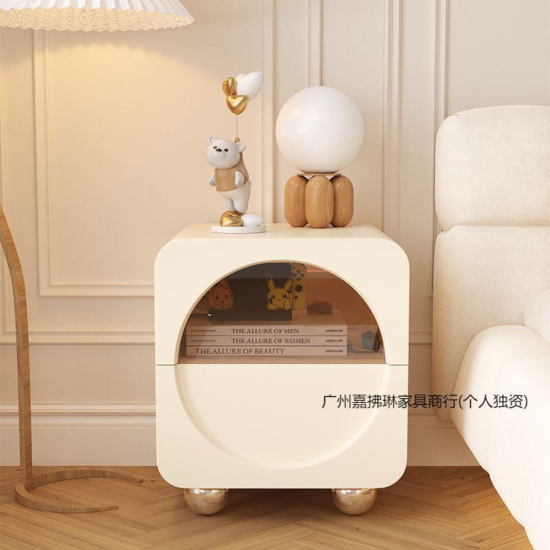 风1卧床头柜圆形实木可爱柜新款风床室用边奶油家储物柜