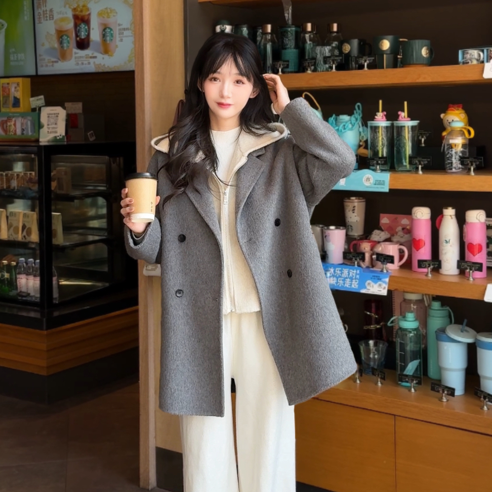 双排扣西装领短款双面羊毛大衣