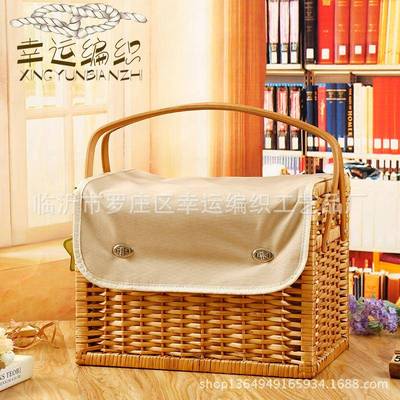 2017厂家织式草柳藤野餐手篮工编收纳篮款COI带餐具收纳筐子