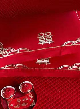 档大红色纯全高棉枕套一庆对装结婚喜中式刺绣OZM枕头套喜字棉枕