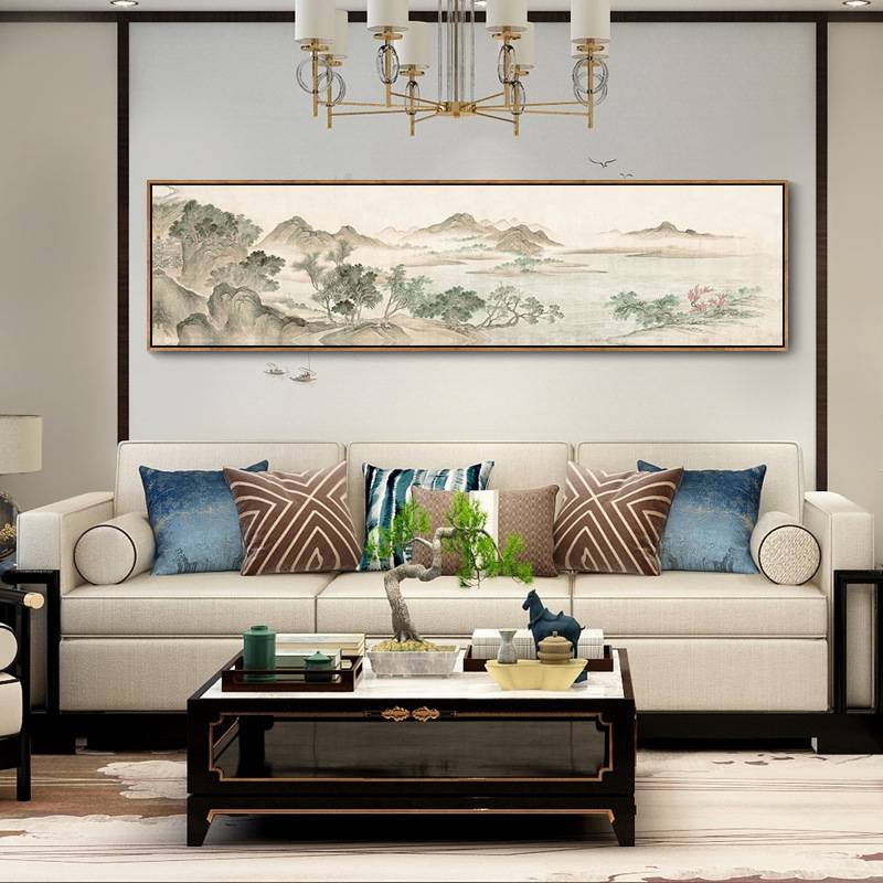 客厅挂画新中式水墨画山水画主卧室床头装饰画办公室背景挂墙壁画图片