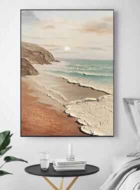 纯手绘油画海景日出客厅装画饰MQF奶风油风体玄关立肌理画落地一