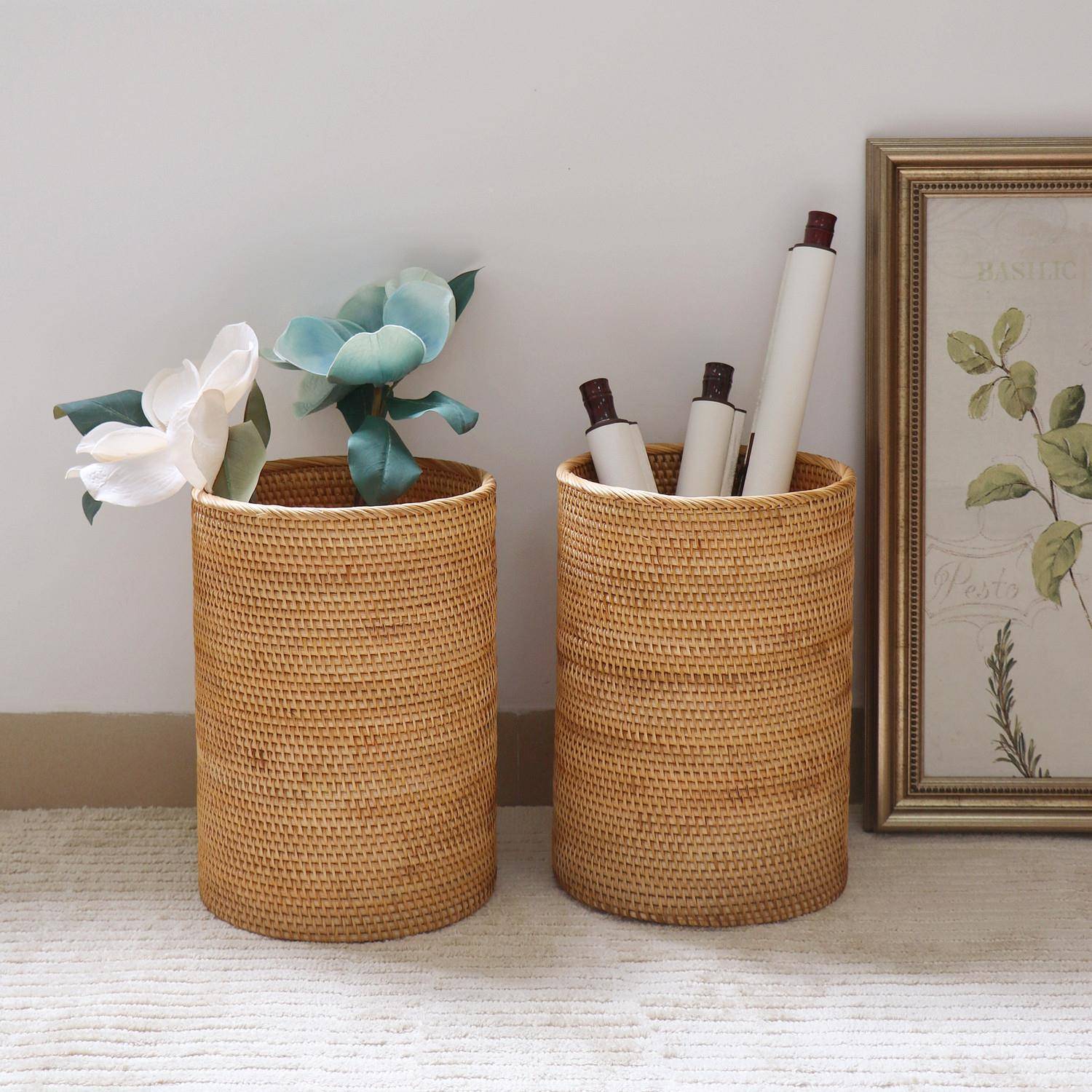 南藤编手工画字收纳筐画收OEQ纳缸中式书书房圆筒纸篓书法卷轴越