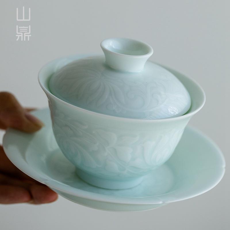 家山鼎湖田影青浮雕三才盖碗茶陶瓷功夫用具单个20240202大号泡茶