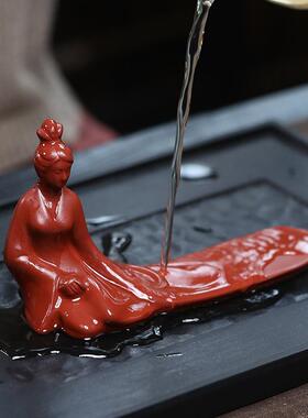 工直紫砂段泥厂创意摆件侍女香插茶笔供架SUA宠茶具桌茶茶盘茶台