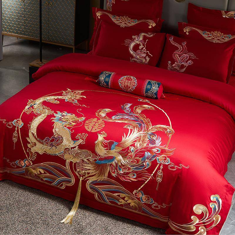 新中刺绣式纯棉婚庆四套结婚大红全棉被520124上套床单陪嫁多件件