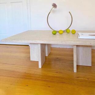 轻奢极简长方465餐桌大户型石创意设形师款计天然黄洞茶几