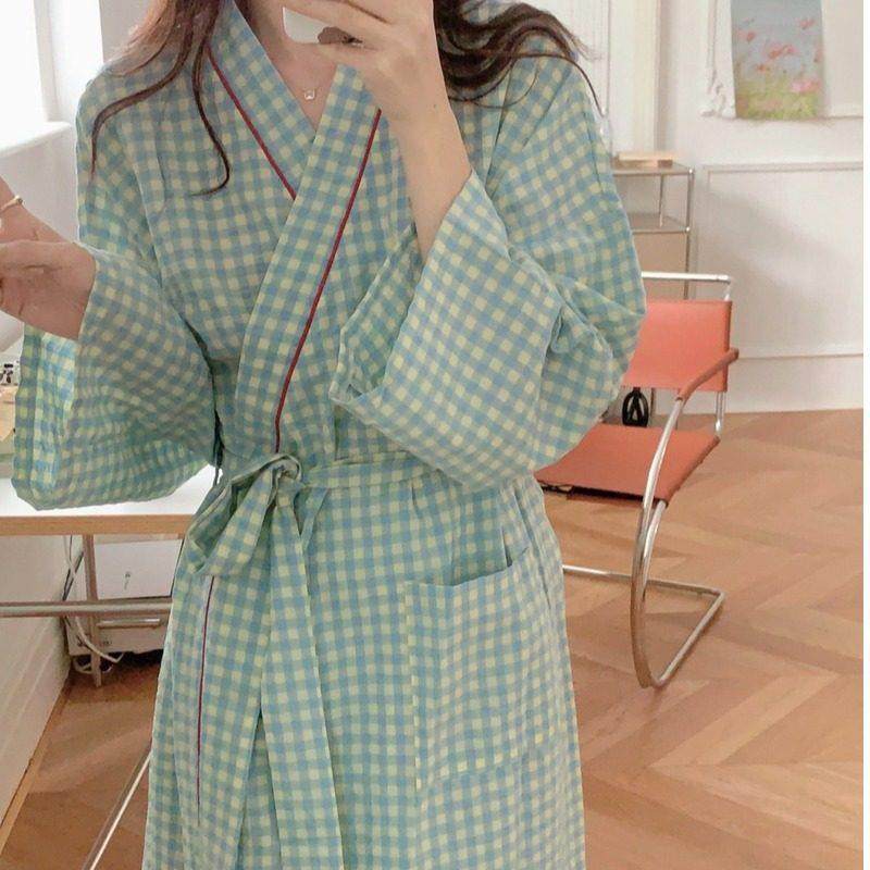 可爱风系带格子纯棉浴袍睡袍睡裙睡衣女款春秋季长袖大码家居服夏