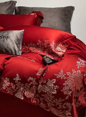 绒棉婚FDR四结件套100庆s支刺绣被套长红色新婚嫁床上用品
