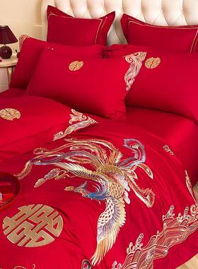 结用大红色四件套婚床婚庆被套床单婚房水洗棉婚嫁喜被床笠款LLT