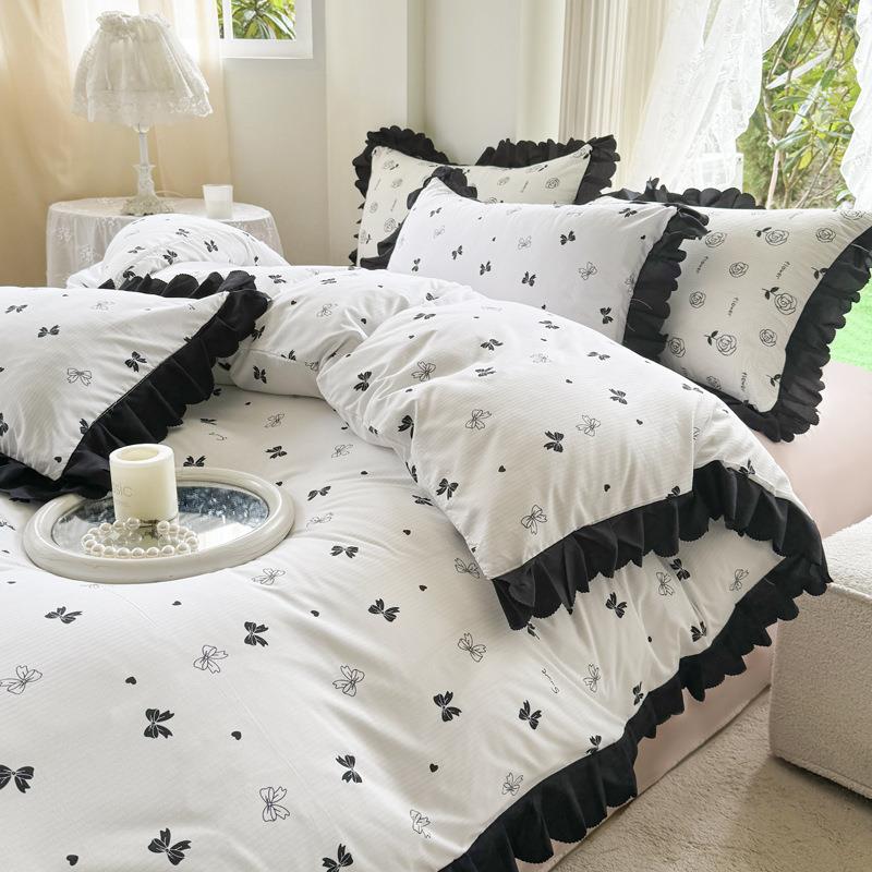 VGM赫本风维泡泡纤床舍上四件套夏季黑花边被套床单笠宿单人三件