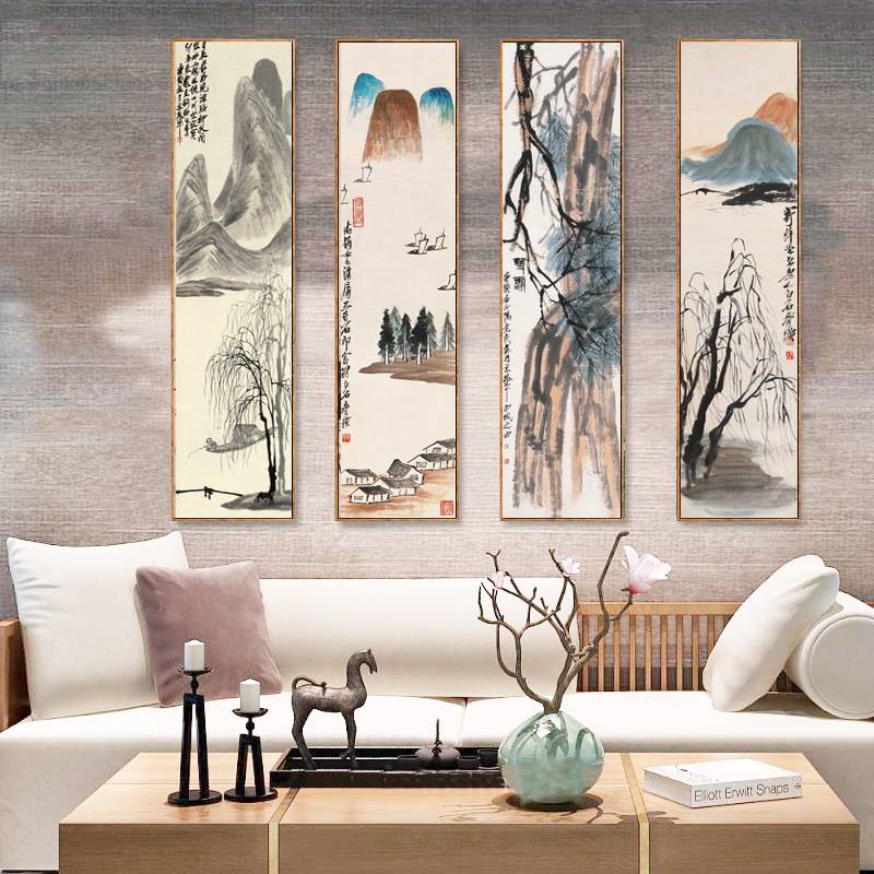 新中式客厅装饰画布画四联组合书房办公室墙挂画玄关水墨壁画花卉图片