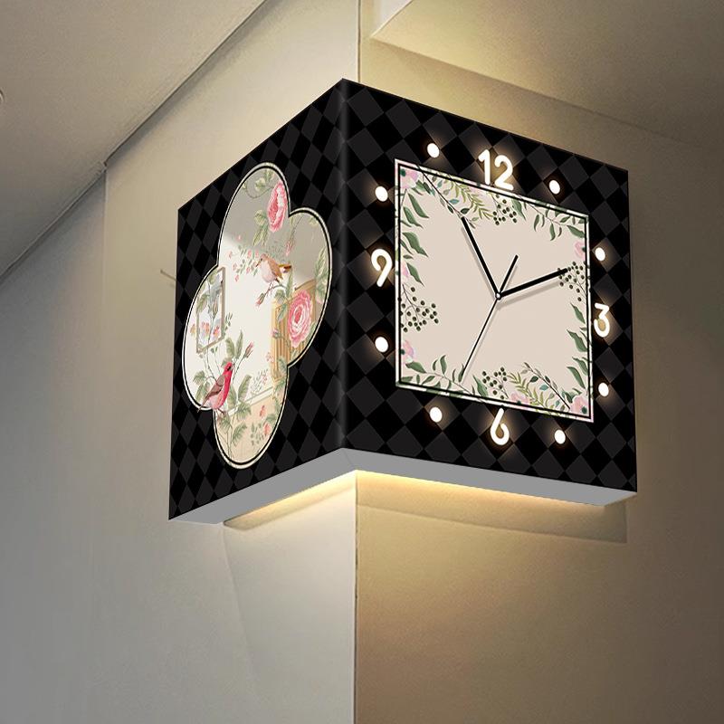 中古风花角鸟转角双面时钟款镜子创意挂钟复古免打拐MLI孔挂墙新