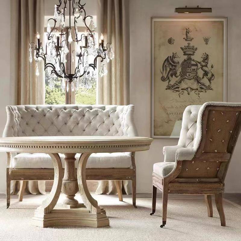 美乡村全木圆桌欧橡式家用做旧实仿古圆形饭桌法式木餐桌YPK椅式