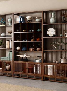 新中茶式博古架带带实木具架办公室展示柜灯茶72973室茶柜茶工艺