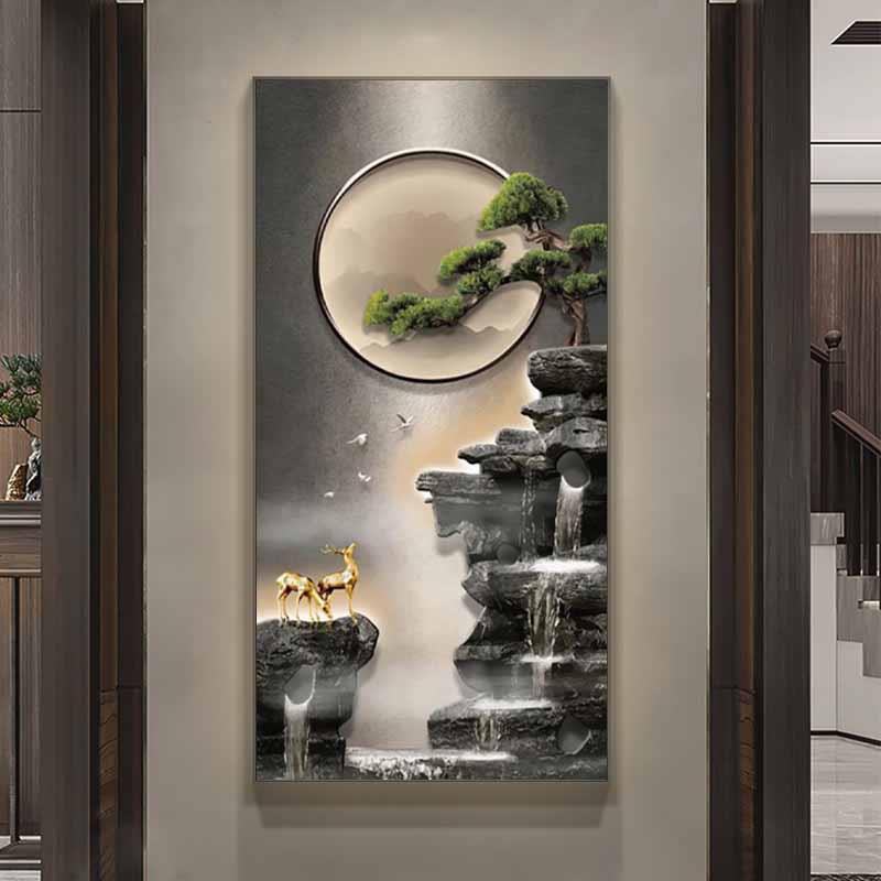 奢道大气玄关装饰HNT画迎客松轻玄关走廊过挂画入户l新中式ed灯光