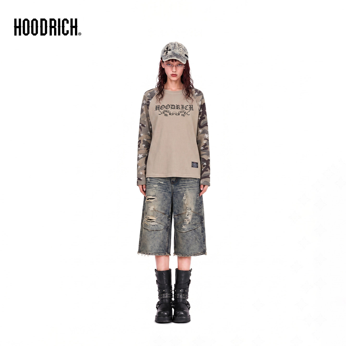 HOODRICH迷彩美式复古插肩袖长袖T恤秋街头运动休闲百搭上衣女款