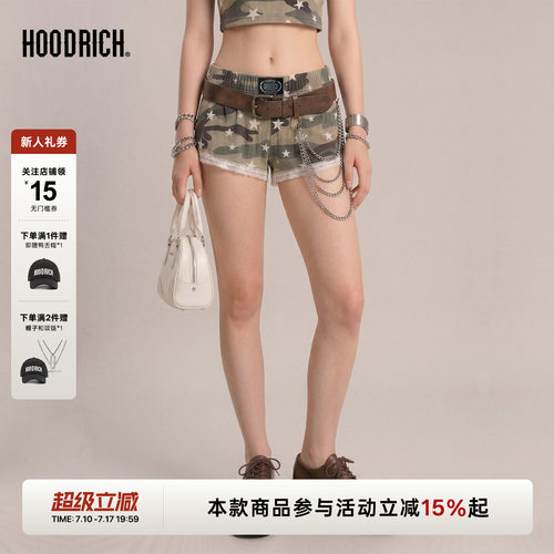 HOODRICH哥特字母迷彩运动修身短裤夏季蕾丝边双层拼接热裤女款
