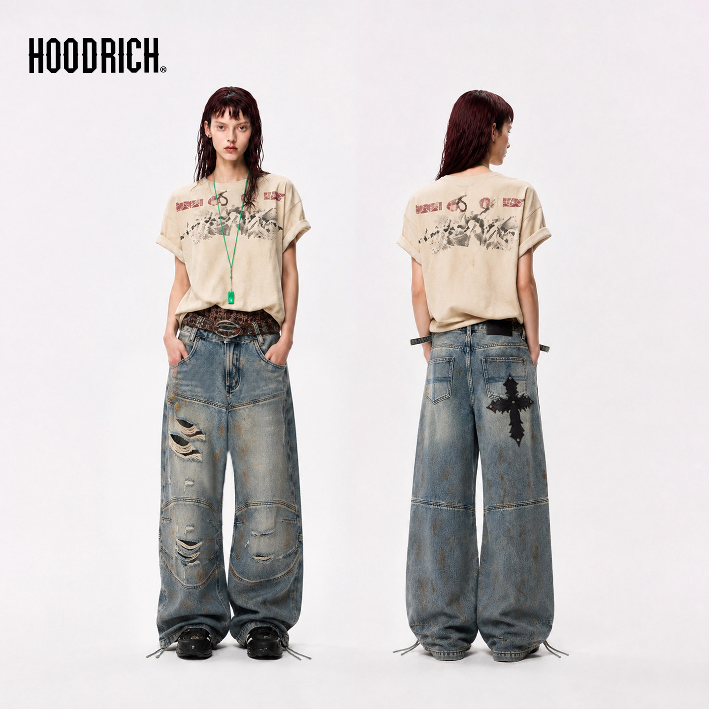 HOODRICH水洗做旧脏脏破洞弯刀牛仔裤宽松直筒阔腿拖地裤街头男女
