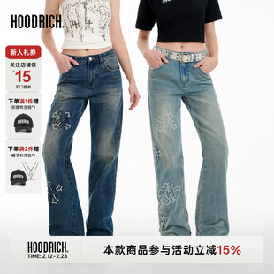 HOODRICH十字架字母刺绣水洗牛仔裤女潮牌春夏直筒低腰修身休闲裤