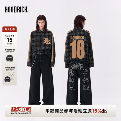 HOODRICH美式撞色侧织带条纹字母贴布绣衬衫春秋宽松长袖外套男女