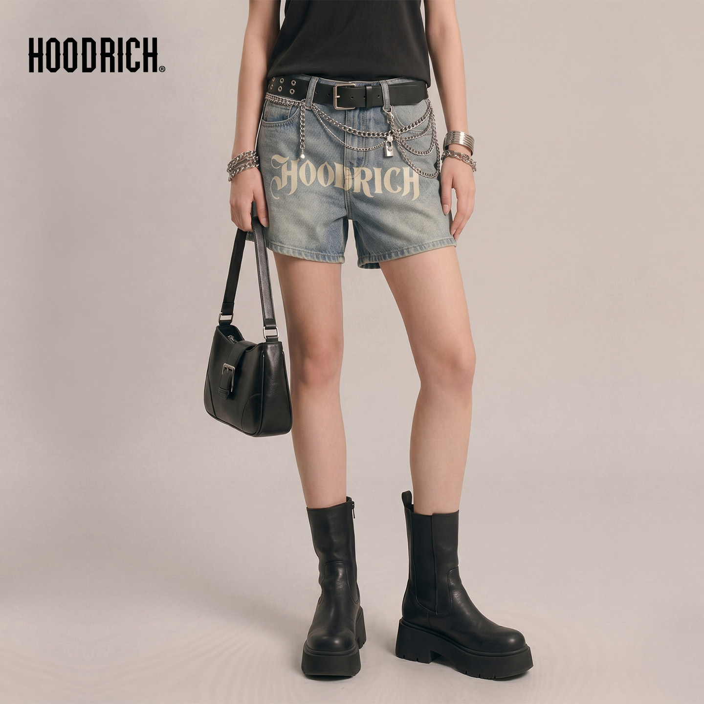 HOODRICH水洗做旧哥特字母牛仔短裤夏季清凉舒适显瘦辣妹热裤女款
