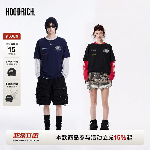 HOODRICH美式街头假两件长袖T恤春秋宽松字母印花上衣情侣男女款