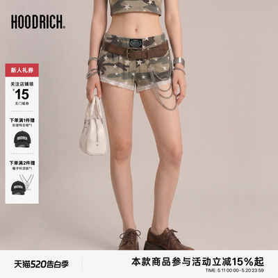 HOODRICH哥特字母迷彩运动修身短裤夏季蕾丝边双层拼接热裤女款
