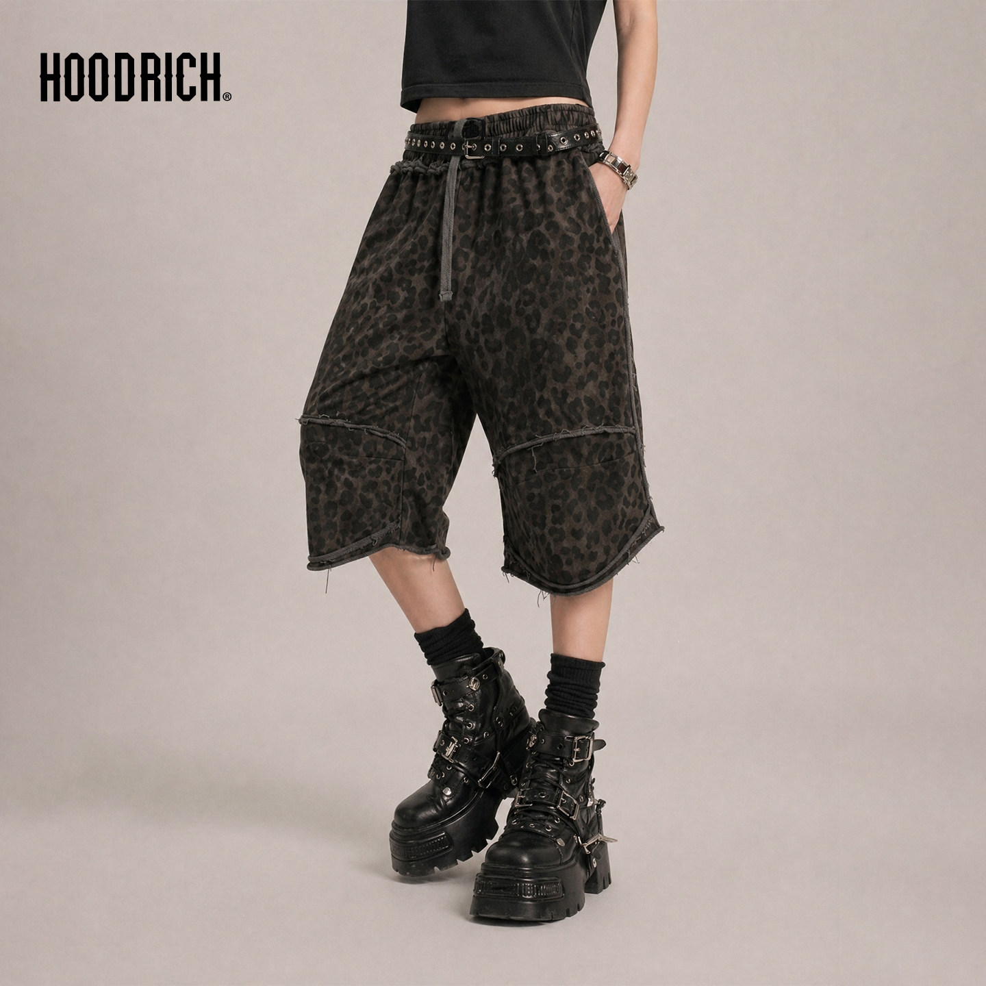 HOODRICH美式复古街头豹纹中裤夏季潮流水洗做旧宽松百搭短裤女款