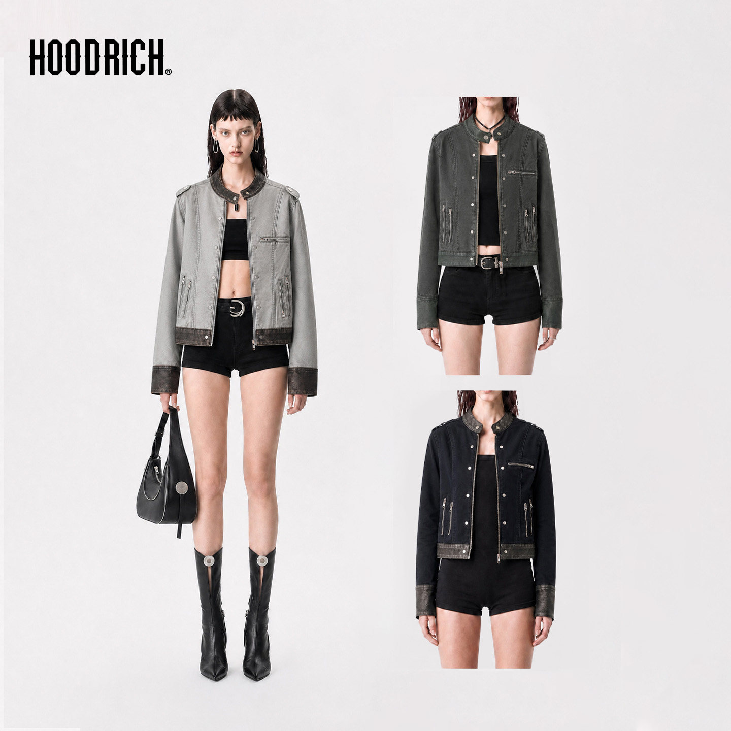 HOODRICH美式复古短款牛仔外套立领拼皮拉链夹克百搭休闲上衣女款图片