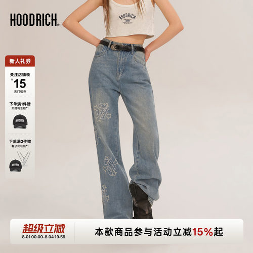 HOODRICH十字架字母刺绣水洗牛仔裤春夏直筒低腰修身休闲裤女款