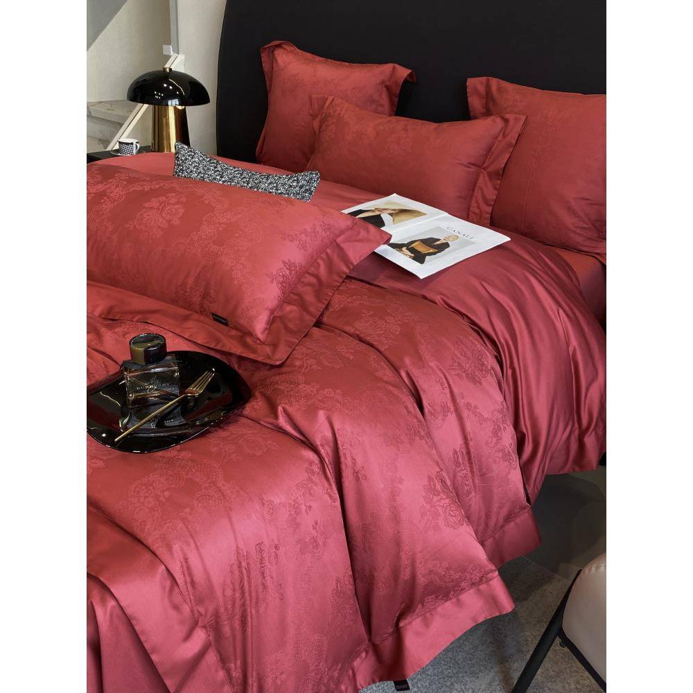 简棉约轻奢提花XHH喜嫁全棉四件套120支长绒红色结婚婚床上喜被庆