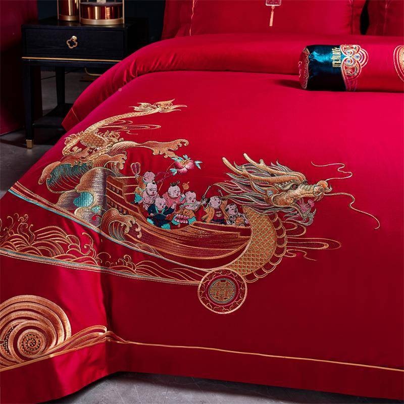 新式嫁龙凤刺绣大TM-20240红色婚庆四件套棉全棉床单被套陪结婚中