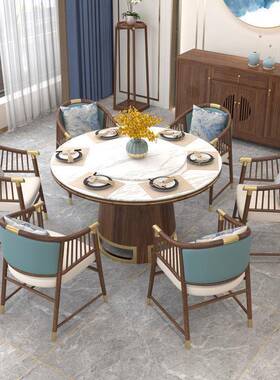 餐带新中式圆桌饭店餐桌椅1组合圆桌大理石.8米转盘全cz36288实木