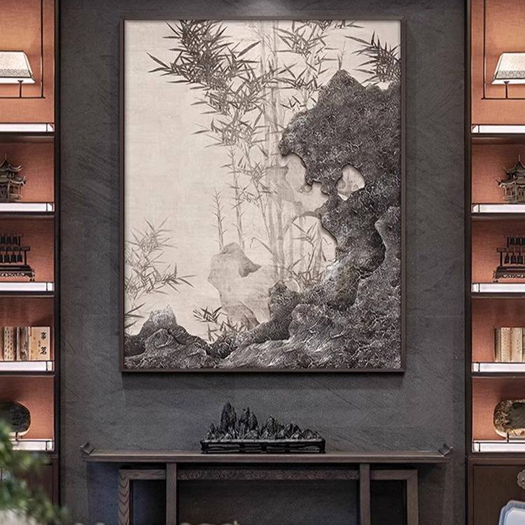 客厅玄关装饰画新中式太湖石大堂软装馆挂画样板间肌理浮雕实物画图片
