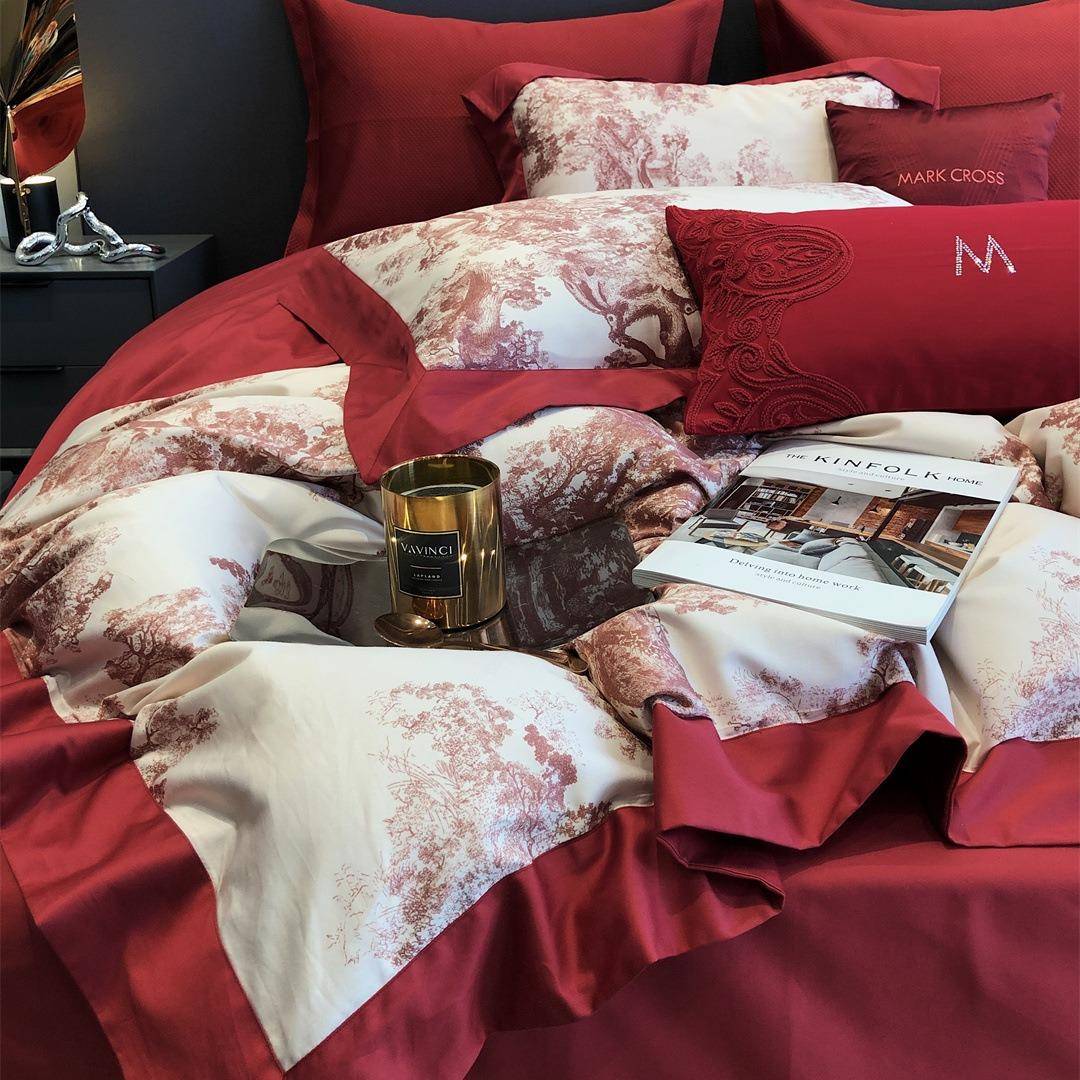 现代风庆大红纯棉长绒棉四件套高喜端床垫婚婚庆床上20220004结用