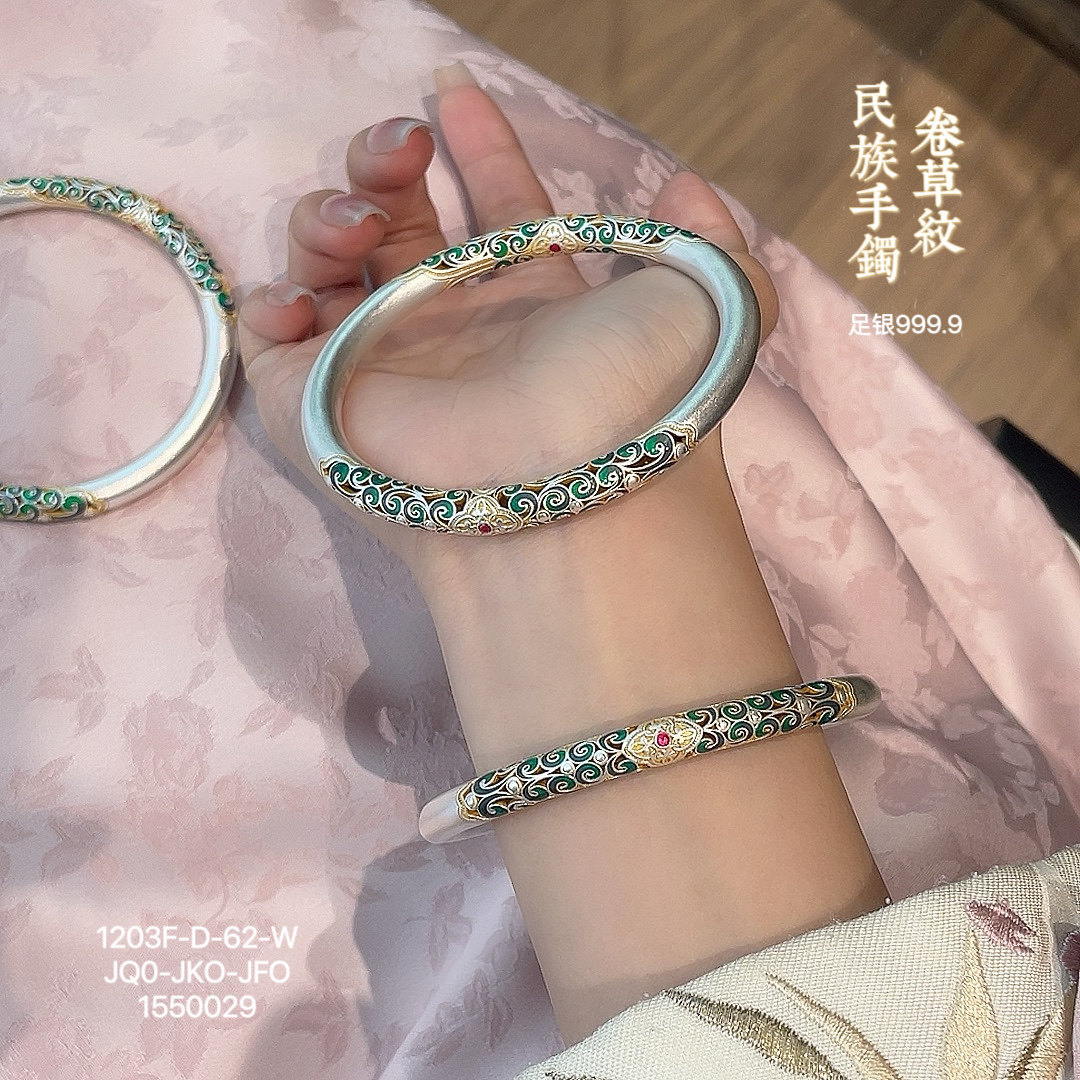 足银9999珐琅彩描金手镯送长辈