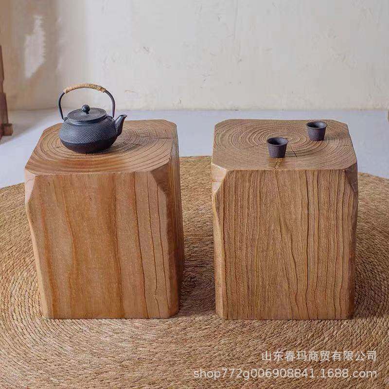 老榆木方形民木墩凳诧寂花风复古客厅宿摆件树墩架酒矮店824木桩