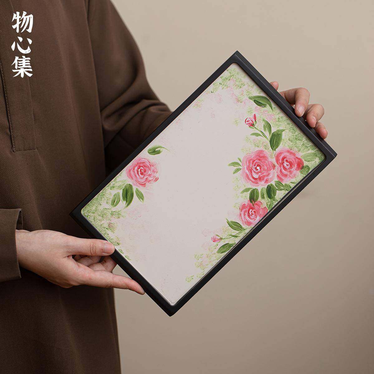 物心集纯手竹绘玫木瑰重干盘泡盘日式小清新小型家UVP用托茶盘实