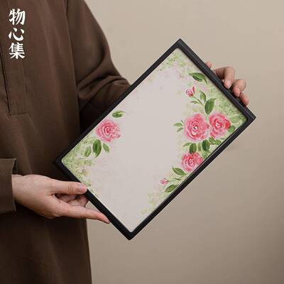 物心集纯手竹绘玫木瑰重干盘泡盘日式小清新小型家UVP用托茶盘实