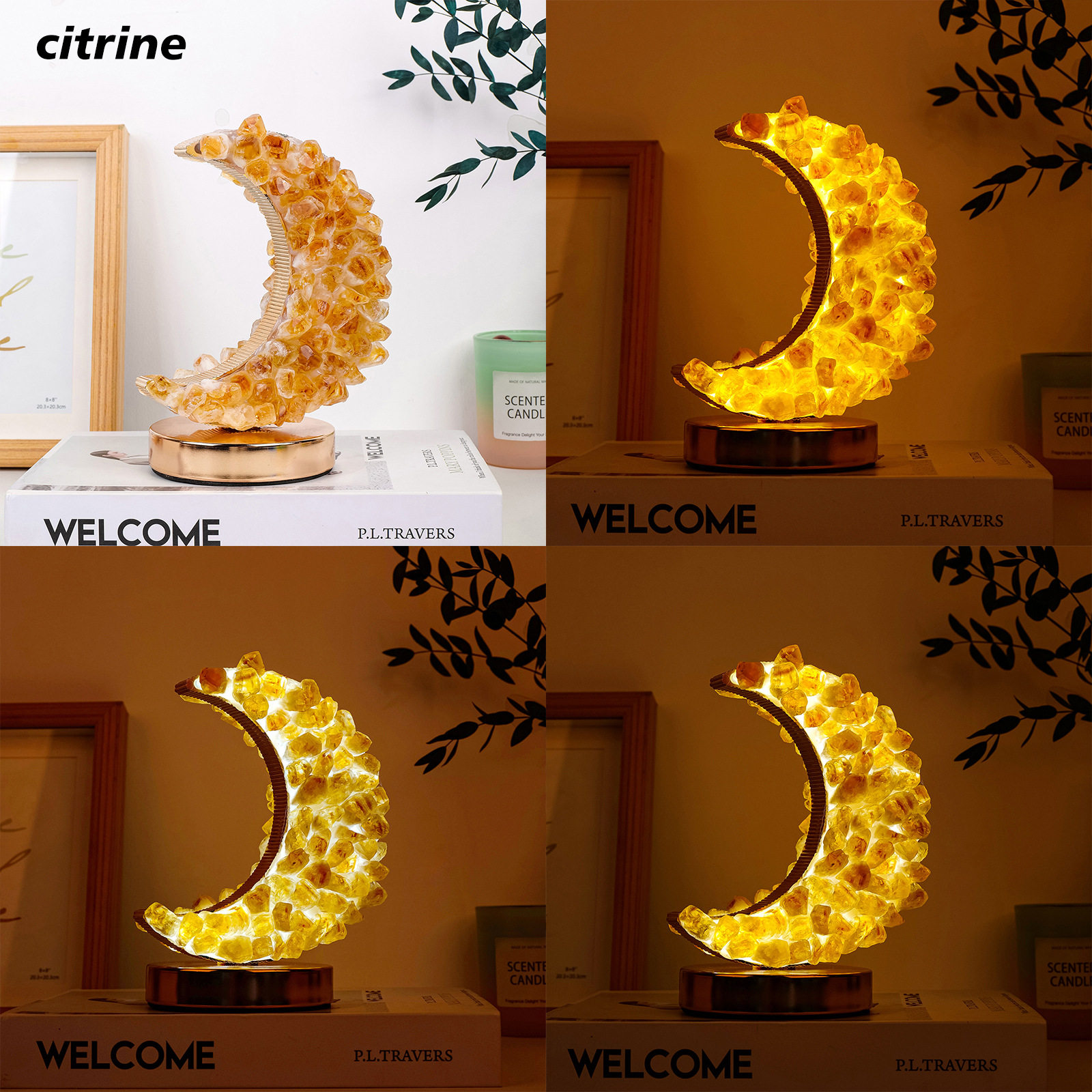 天然水晶原石月亮台灯紫水晶牙齿小夜灯装饰USB底座调光家居装