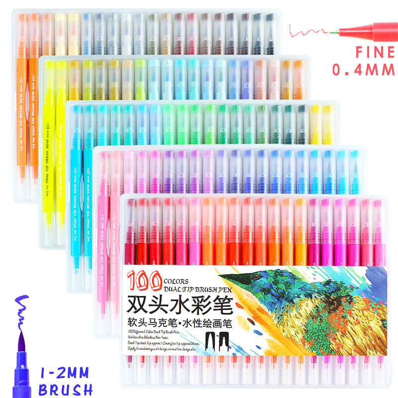 现货彩色三角圆杆100色双头软毛笔针管勾线笔学生绘画水彩笔